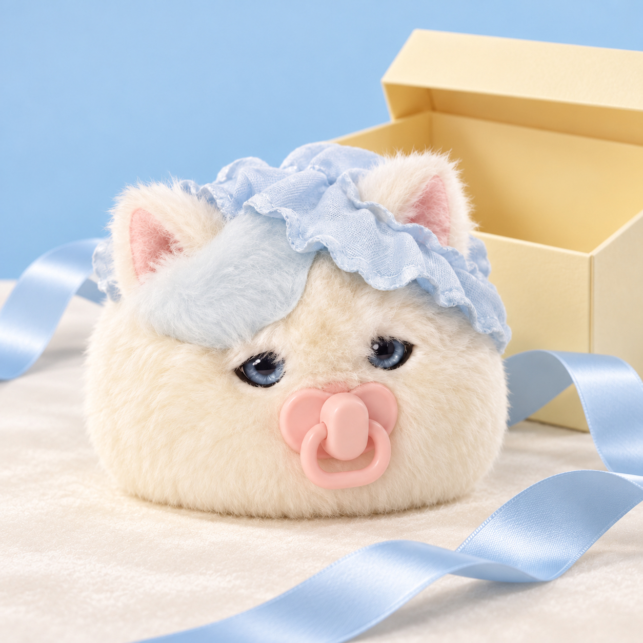 Cuddle Kitty beside a pastel gift box and blue ribbon