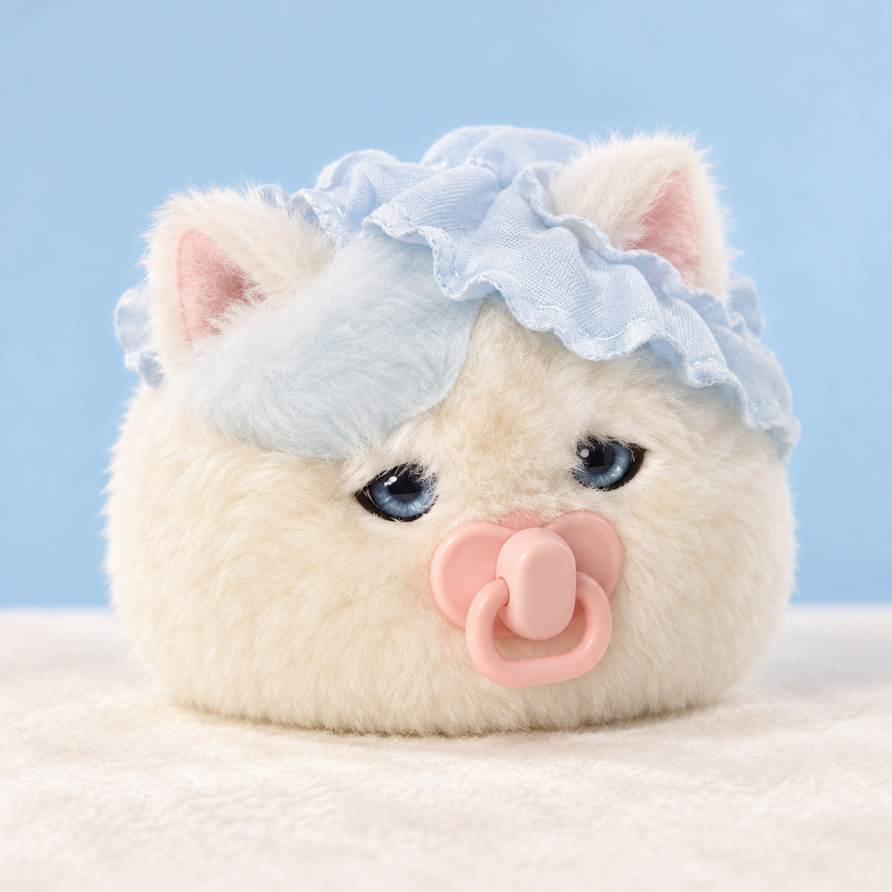 Cuddle Kitty cream plush kitten with a powder blue bonnet and pink pacifier